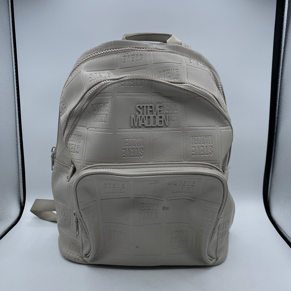 Steve Madden Mini Backpack Beige Taupe Logo Embossed Faux Leather Purse